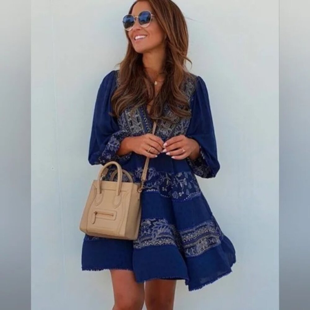 Boho-Style Deep Blue V-Neck Tiered Mini Dress - Picture 3 of 16